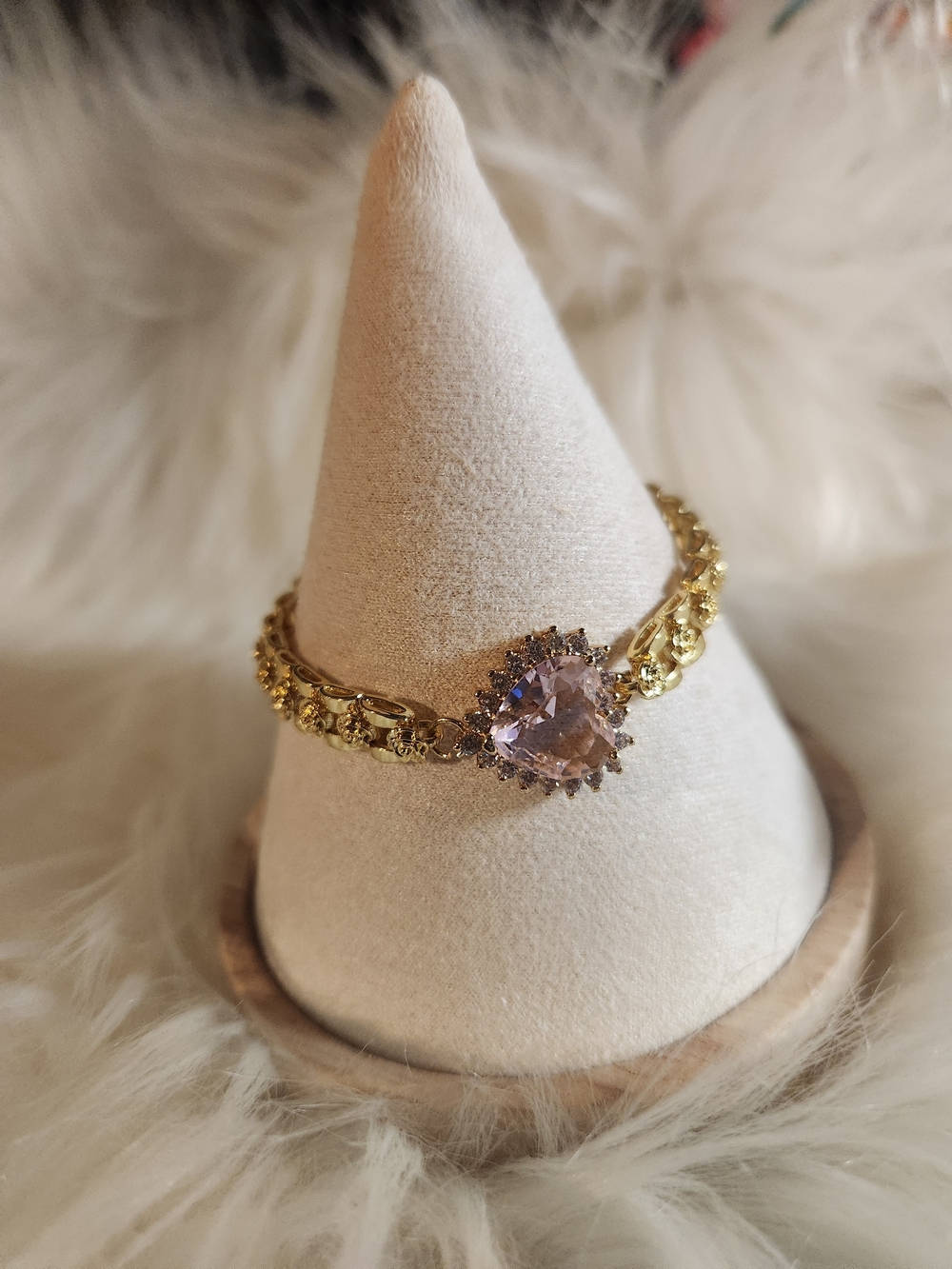 Gold 18k Layered Bracelet with Light Pink Heart Crystal Center